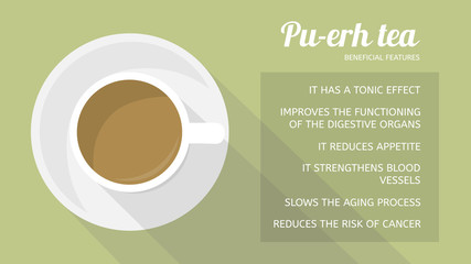Pu-erh tea: properties and health benefits. Cup of beverage, top view