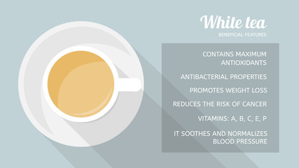 White tea: properties and health benefits. Cup of beverage, top view