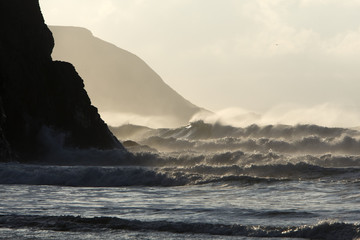 Fototapeta na wymiar Waves crash in off the Atlantic at Porthtowan, Cornwall