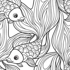 Fish seamless pattern. Doodle line decorative marine life background in japanese style