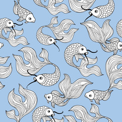 Fototapeta premium fish seamless pattern. Hand drawn doodle line decorative marine