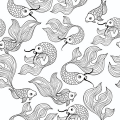 Naklejka premium fish seamless pattern. Hand drawn doodle line decorative marine