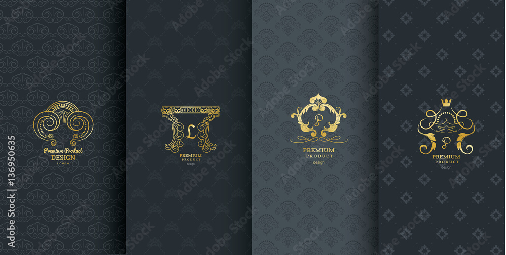 Wall mural Collection of design elements, labels,icon and frames for packaging and design of luxury products.Made with golden foil Isolated on black background. vector illustration