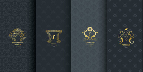 Collection of design elements, labels,icon and frames for packaging and design of luxury products.Made with golden foil Isolated on black background. vector illustration - obrazy, fototapety, plakaty