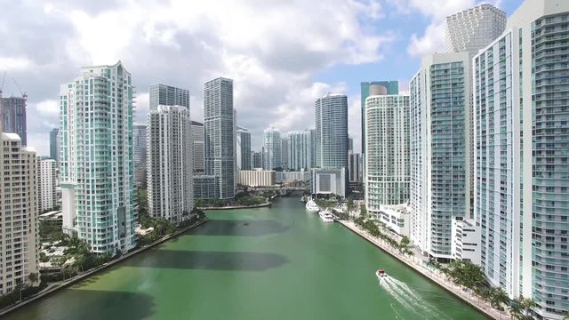 Drone View Downtown Miami River Forward