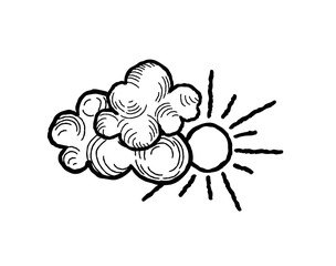 Sun with clouds icon. Doodle line art weather sign illustration