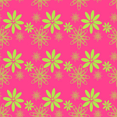 
vector green flowers pattern, seamless pink background for children, romantic, bright