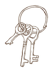 Sketch bunch of three antique keys on white background