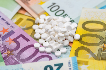 different pills above euros bills. close up.