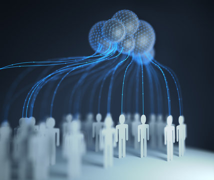 People of the world interconnected through the shared computer processing resources and data to computers, cloud computing.