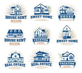 Isolated blue color architectural houses icons for real estate business leaflets emblems collection on white background vector illustration.