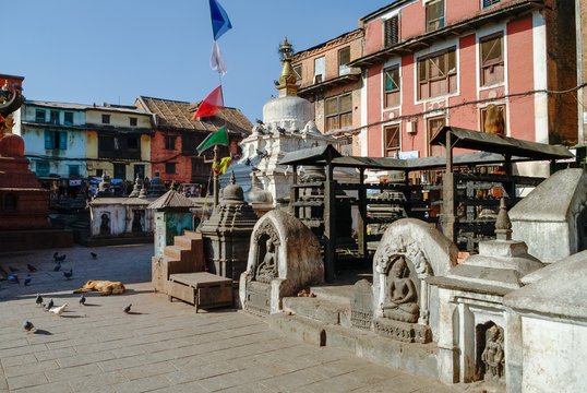Medieval buildings and structures surrounding Swayambhunath stupa in the temple complex, Nepal