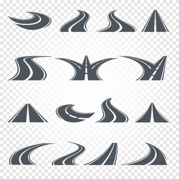Isolated grey color winding curved road or highway with dividing markings on white background vector illustrations set.