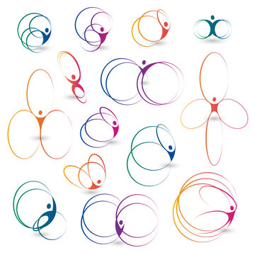 Isolated colorful round shape abstract human body logos set vector illustration.