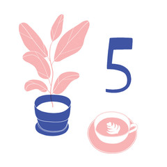 Plant in the pot and cup of coffee. Hand drawn modern illustration on the white background