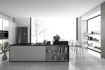 3d rendering black and white modern kitchen and loft dining room