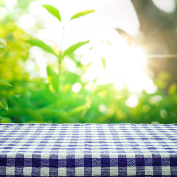 Blue checkered tablecloth texture top view with abstract green from garden background.