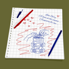 Love Story - a date at the cinema. Cute Romantic simple drawing a red and blue 
ballpoint pen on squared paper - Male and female hands take out the popcorn from bucket