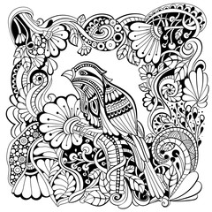 Bird in fantasy garden. Black and white pattern in a zentangle style. Hand-drawn illustration.Coloring book for adult and older children.