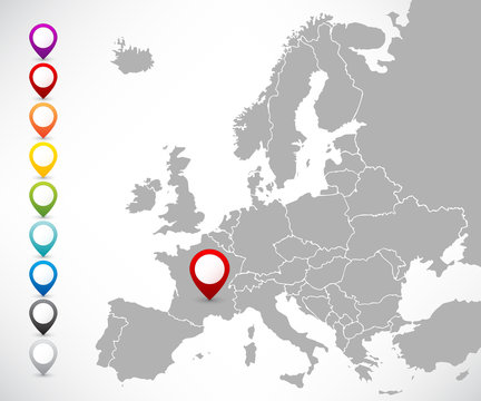 Collection of map pointers with map of Europe