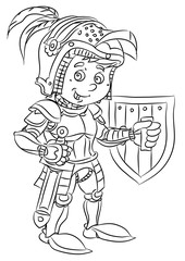 happy smiling cartoon medieval knight or soldier standing with sword and shield
