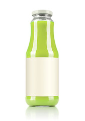 Green juice glass bottle with a blank label. Isolated on white background. File contains a path to isolation.