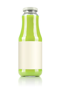 Green juice glass bottle with a blank label. Isolated on white background. File contains a path to isolation.