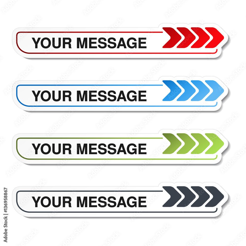 Poster vector red, green, black and blue web labels with arrow. message navigation buttons.