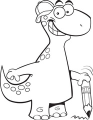 Black and white illustration of a dinosaur leaning on a pencil.