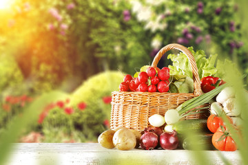 vegetables and fruits on wooden desk 