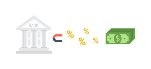 Bank attracts money by magnet. Credit and Commission vector concept.