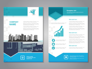 Vector modern brochure with arrow design, abstract flyer with background of monochrome buildings. Layout template. Aspect Ratio for A4 size. Poster of blue, grey and white color. Magazine cover.