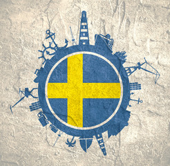 Circle with sea shipping and travel relative silhouettes. Concrete texture. Objects located around the circle. Industrial design background. Sweden flag in the center.