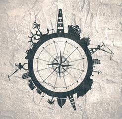 Circle with sea shipping and travel relative silhouettes. Concrete texture. Objects located around the circle. Industrial design background. Compass symbol in the center.