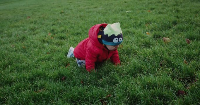 Little cute boy in red jacket walking on green grass and falls in park. 4k .Slow motion.