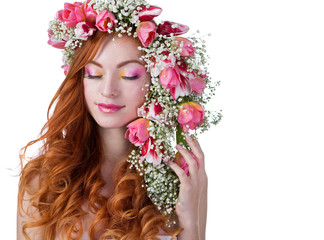 woman with wearing a wreath of tulips