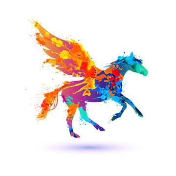 Pegasus vector symbol. Watercolor splash paint