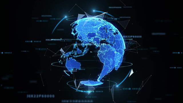 4K Monde num&eacute;rique. Rendu stylis&eacute; de la terre et des satellites pour transmettre l'id&eacute;e du monde num&eacute;rique moderne, de la technologie et des t&eacute;l&eacute;communications.