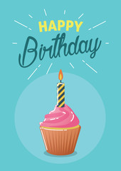 Birthday greeting and invitation card with cupcake illustration.