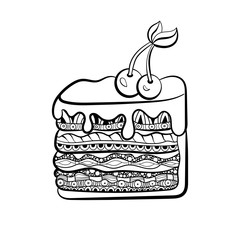 piece of cake for coloring book for adults. Zentangle style. Black and white illustration