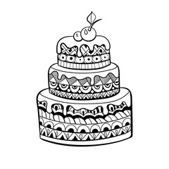 Cake for coloring book for adults. Zentangle style. Black and white illustration