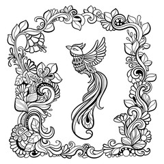 Bird in fantasy garden. Black and white pattern in a zentangle style. Hand-drawn illustration.Coloring book for adult and older children.