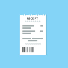 Receipt icon in a flat style isolated on a colored background. Invoice sign. Bill atm template or restaurant paper financial check. Concept Paper receipts icons.
