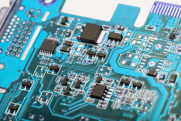 Fantasy colored board with chipset. Chips and circuits.