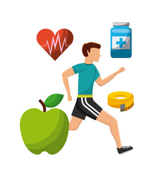 man exercising with healthy lifestyle icons around over white background. colorful design. vector illustration