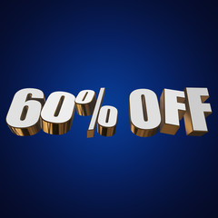 60 percent off letters on blue background. 3d render isolated.