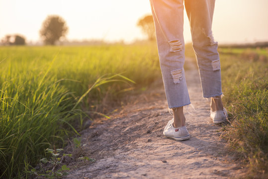 Closeup picture of legs of  beautiful woman (lonely girl),wearing white sneakers and blue jeans. Walk on the pathway and green fields beside, Ayutthaya, central of Thailand.