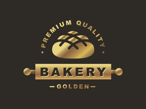 Golden bread logo - vector illustration. Bakery emblem design on black background