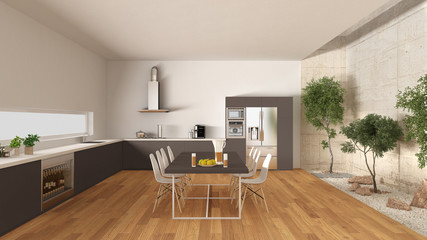 White and brown kitchen with inner garden, minimal interior desi