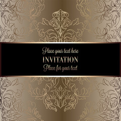Baroque background with antique, luxury beige, brown, black and gold vintage frame, victorian banner, damask floral wallpaper ornaments, invitation card, baroque style booklet, fashion pattern